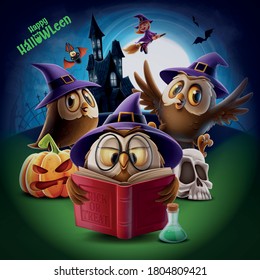 owls with wizard hat in halloween horror scenery