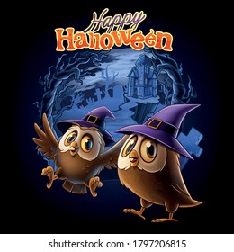 owls with wizard hat on halloween night cartoon
