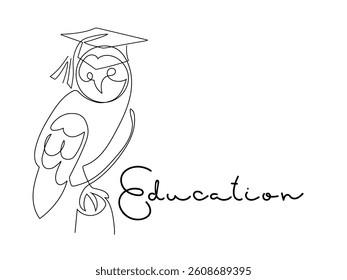 Owl-scientist in graduate hat with Education script lettering. Black and White Vector illustration Time to study. Educational vector concept. Academic cap. Graduated specialists, certified education