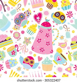 Owls,sweets and tea. Kids vector seamless pattern.