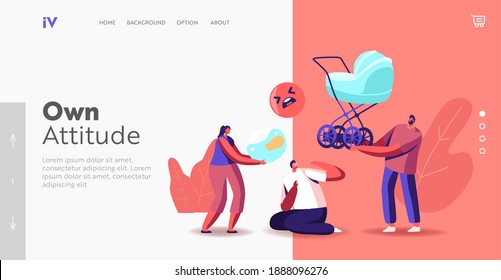 Own Attitude Landing Page Template. Society Opinion and Public Pressure. Characters Impose Life Values to Confused Man Sit on Ground. Family, Childbirth, Marriage. Cartoon People Vector Illustration
