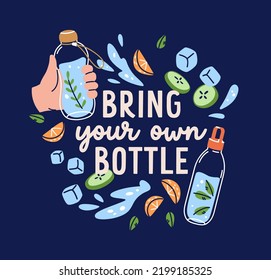 Own bottle of water, card design with cold aqua drink infused with orange fruit, cucumber, mint leaf. Eco lemonades, healthy summer detox refreshments with splashes. Flat graphic vector illustration