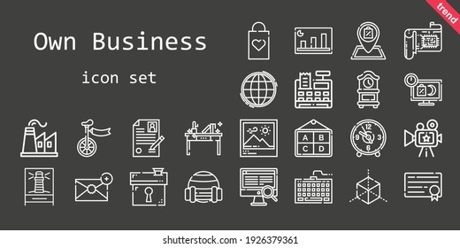 own business icon set. line icon style. own business related icons such as keyboard, factory, shop, lighthouse, cash register, cpu, clock, curriculum, house, picture, shopping bag