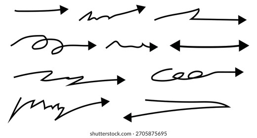 Propio Creado Negro bonito conjunto de flechas Vector. Doodle flechas curvadas y giratorias para infografía, presentación y diseño de resaltado sobre fondo blanco.