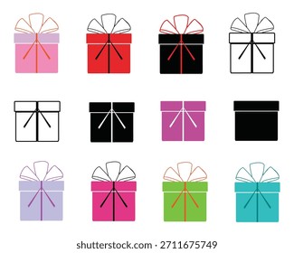 Creado propio Conjunto de glifos de sello de silueta de línea plana de caja de regalo. Editable stroke kit universal icono sitio etiqueta engomada etiqueta festiva sorpresa misterio envoltura cumpleaños decoración plantilla decoración diseño de scrapbooking