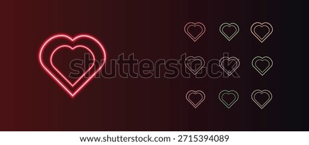 Own Created Outline neon target heart icon set. Glowing neon heart sign with concentric outline shape. Love target, concentric heart line, romantic dating, valentine day, love center and passion.