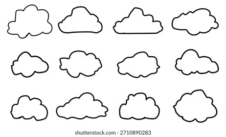 Propio conjunto creado de 12 contornos de nube. Sencillas Formas de nubes, contornos negros. Diseño minimalista de la nube, formas variadas de la nube. Perfecto para proyectos de temática en la nube. Ilustración de Clima sobre fondo blanco.