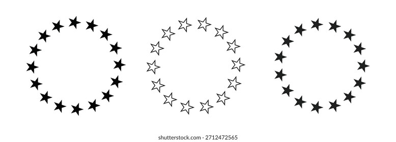 Own Created Star in circle icon set. Frame from stars isolated on white background. Abstract decorative pattern. Circle with black star icon. Vector Illustration.