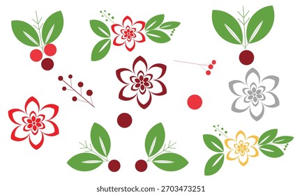 Eigene kreierte Winterblume , Früchte und Blätter. Vektorwinterelemente mit Blatt, Kiefernzweigen. Weihnachtsblumenkollektion für Einladungen, Grußkarte, Textil, Stoff, Plakate.