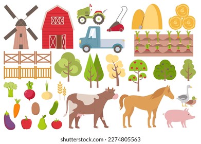 Own Farm Big Set icons concept in the flat cartoon design. Images of domestic animals, vegetables, equipment, which are on every farm. Vector illustration.