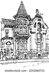 Own house Russian architect Lev Kekushev, also known as Mansion Kekusheva, was once crowned with a 3-meter lion statue,  Art Nouveau 1900–1903. Ink drawing from the street Ostozhenka, 21. Moscow