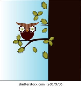 own in a tree - nose is a heart and eyes are flowers - stripes on headpiece