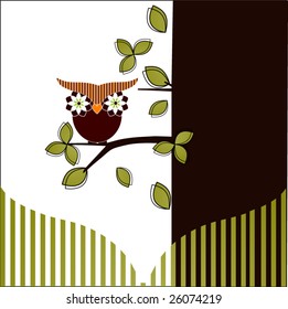 own in a tree - nose is a heart and eyes are flowers - stripes on headpiece  (striped fence below)