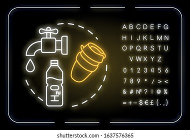 Own water bottle neon light concept icon. Personal clean water supply, cheap beverage idea. Outer glowing sign with alphabet, numbers and symbols. Vector isolated RGB color illustration