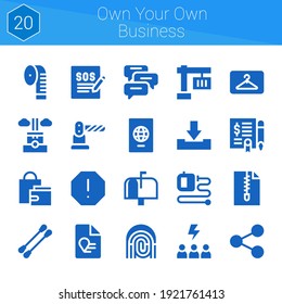 own your own business icon set. 20 filled icons on theme own your business. collection of Fingerprint, Support, Report, Measuring tape, Comments, Extending leads, Barrier