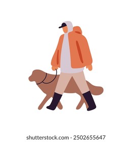 Owner in autumn clothes leads dog with leash. Person strolls fluffy puppy in fall. Character and doggy spend time outdoors together. Man walks cute pet. Flat isolated vector illustration on white