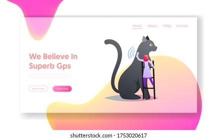 Owner Care of Pet, Technology Landing Page Template. Tiny Female Character Put Collar with GPS Tracker on Huge Cat for Controlling Position and Location of Domestic Animal. Cartoon Vector Illustration