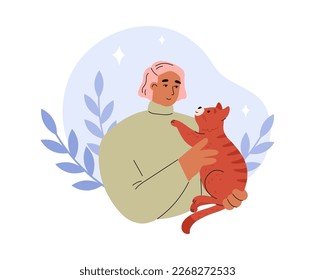 Owner and cat characters for emotional support by animals and pet therapy concept, flat vector illustration isolated on white background. Mental and emotional therapy.