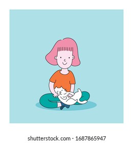 owner with cat together.illustration vector cartoon set girl with pet.