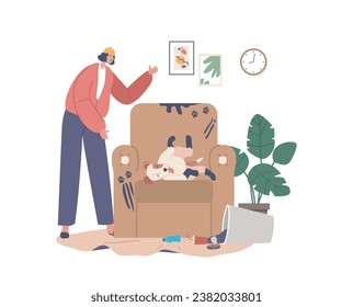 Owner Character Shocked with Dog Wreaks Havoc At Home. Funny Pup Lying on Sofa with Dirty Paws, Vector Illustration