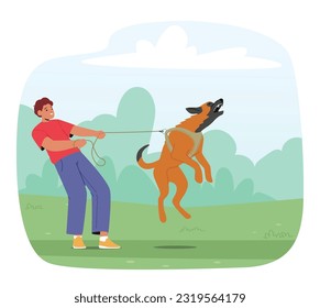 Personaje Propietario Que Lucha Por Controlar El Perro Agresivo Sobre La Pierna, Mostrando Problemas De Comportamiento. Tal Vez Se Necesiten Capacitación Y Orientación Profesional Para Un Entorno Seguro. Ilustración de vectores de personas de caricatura