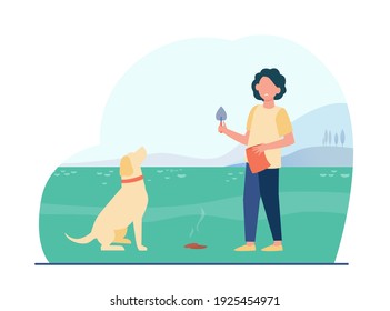 Dueño limpiando después del perro. Niño caminando mascota con palo y bolsa. Ilustración vectorial plana. Higiene, mantenimiento de animales, concepto de responsabilidad para banner, diseño de sitios web o página web de aterrizaje