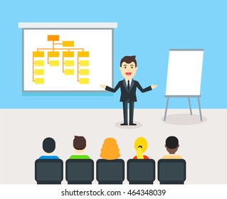 Owner of company giving a presentation for employees. Business building and conference concept - flat vector illustration.