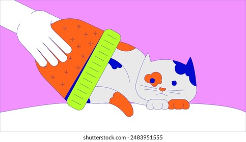 Owner covering cat with hat 2D linear illustration concept. Person comforting cute calico kitten cartoon scene background. Taking care of feline animal metaphor abstract flat vector graphic