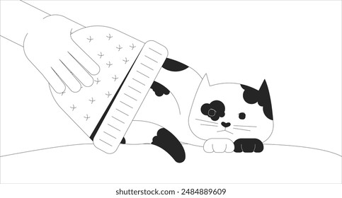 Propietaria cubriendo gato con sombrero blanco y negro concepto de ilustración 2D. Persona reconfortante calico gatito contorno de fondo de escena de dibujos animados. Cuidando la metáfora animal metáfora Arte vectorial monocromo