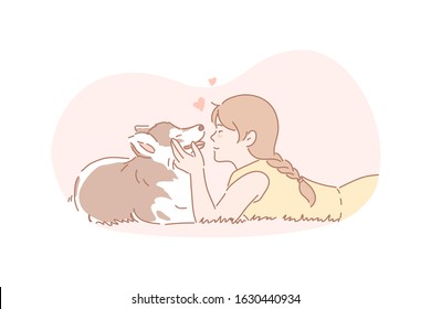 Owner, dog, pet, care concept. Young girl cares about her dog. Happy child is hugging domestic pet. True friendship between human and animal. Owner and pet is devoted to each other. Simple flat vector