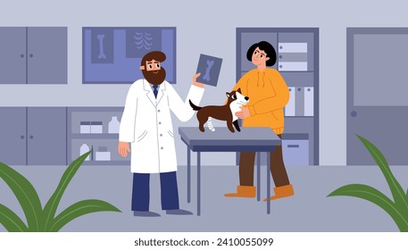 Owner with dog at vet. Veterinary office, doctor looks X ray with dogs paw fracture, pet with cast on limb, animal care, vector illustration.eps
