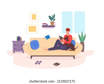 Owner dog watching video. Focused man with pet friend sit home couch looking movie on tablet boy and funny animal surfing internet in mobile device vector. Illustration dog and man entertainment