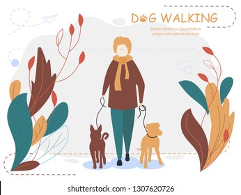Owner and dogs walking. Cartoon vector illustration for web page, social media, documents, cards, posters.
