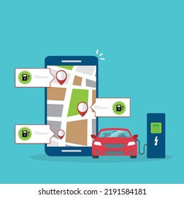 Owner of the electric car using smart phone to locate charging station in the city