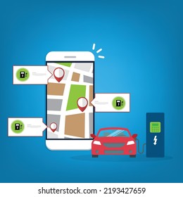 Owner of the electric car using smart phone to locate charging station in the city