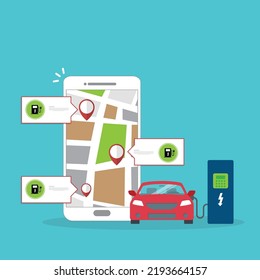 Propietario del auto eléctrico usando un smartphone para ubicar la estación de carga en la ciudad