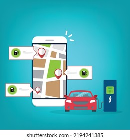 Owner of the electric car using smart phone to locate charging station in the city