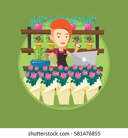 Owner of flower shop using phone and laptop. Owner of flower shop standing behind the counter. Owner of flower shop at work. Vector flat design illustration in the circle isolated on background.