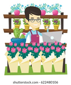 Propietario de la floristería usando el teléfono y la laptop para tomar el orden. Dueño de una floristería detrás del mostrador. Propietario de la florería en el trabajo. Ilustración de diseño plana vectorial aislada en fondo blanco.