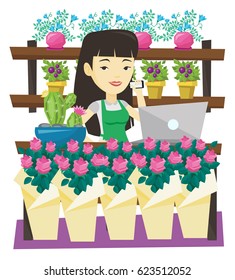 Owner of flower shop using phone and laptop to take order. Owner of flower shop standing behind the counter. Owner of flower shop at work. Vector flat design illustration isolated on white background.