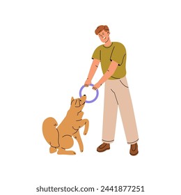 La diversión del dueño tira de juguete de goma masticar con su cachorro. La niñera de mascotas juega con el perro. Entrenador enseña el mando, el entrenamiento de la obediencia del perro mullido. Pup hace ejercicios. Ilustración vectorial aislada plana en blanco