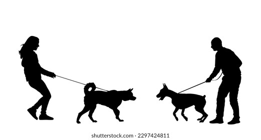 Owner girl and dog husky meeting boy with doberman vector silhouette illustration isolated on background. Woman and man with dog on leash, outdoor friendship pet playing. Friendly approach game active