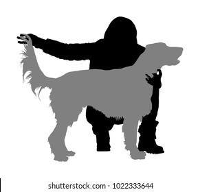 Owner girl keeps the Golden Retriever dog on the stage silhouette. Irish red Setter champion vector silhouette illustration isolated. Dog show exhibition. 