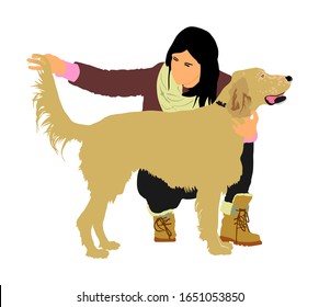 Owner Girl Keeps Golden Retriever Dog On The Stage Vector Illustration. Champion Dog Show Exhibition. Lovely Pet Family Mascot. Children Best Friend. Pet Friendly Concept.