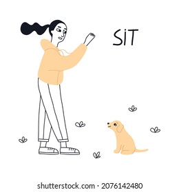 Owner girl trains puppy with hand signal. Good trainer outdoor. Labrador executes the command to sit. Isolated vector illustration in cartoon style. 