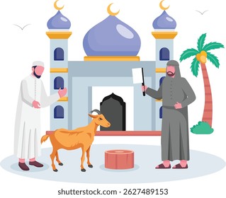 Owner and Goat in front of Mosque Gate concept, May Your Qurbani Be Accepted vector design, Eid al-Adha scene, Eid-al-Kabir Hajj banner, Traditional Arabic Muslims Festival stock illustration