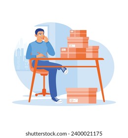 The owner of a goods delivery service business receives a call from a customer. Businessman writing and confirming orders by phone. Order Confirmation concept. Trend Modern vector flat illustration