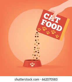 Owner Hand Giving Cat Food. Vector Flat Cartoon Illustration