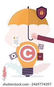 Owner hand holds umbrella, copyright reserved or product trademark that cannot copy. Idea bulb with intellectual property sign. Patent bureau. Protect business ideas, rights and licenses. flat vector