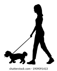 Owner handsome girl walking dog vector silhouette illustration isolated on white background. Maltese dog. Lady with cute puppy outdoor. Woman recreation walk with little friend after work. Relax time.